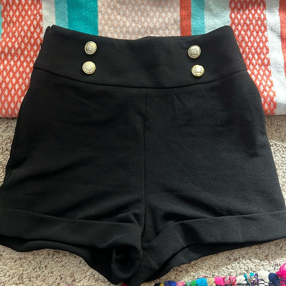 Button accent black shorts with side zipper
